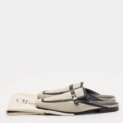 Hermes White/Black Canvas and Leather Groupie Mules Size 39