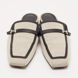 Hermes White/Black Canvas and Leather Groupie Mules Size 39