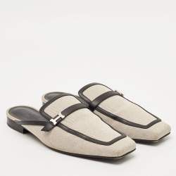 Hermes White/Black Canvas and Leather Groupie Mules Size 39