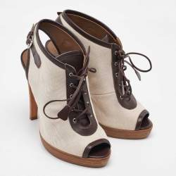Hermes Off White/Brown Canvas and Leather Platform Booties Size 37