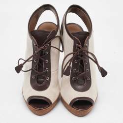 Hermes Off White/Brown Canvas and Leather Platform Booties Size 37