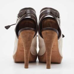 Hermes Off White/Brown Canvas and Leather Platform Booties Size 37