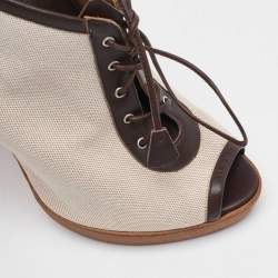 Hermes Off White/Brown Canvas and Leather Platform Booties Size 37