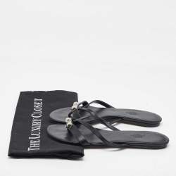 Pre Owned Hermes Black Leather Strappy Flat Slide Sandals Size 37