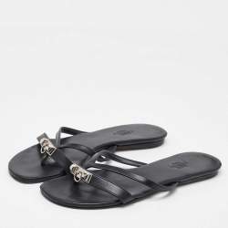 Pre Owned Hermes Black Leather Strappy Flat Slide Sandals Size 37