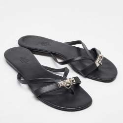 Pre Owned Hermes Black Leather Strappy Flat Slide Sandals Size 37