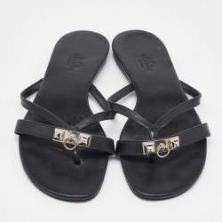Pre Owned Hermes Black Leather Strappy Flat Slide Sandals Size 37