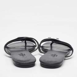 Pre Owned Hermes Black Leather Strappy Flat Slide Sandals Size 37