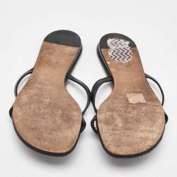 Pre Owned Hermes Black Leather Strappy Flat Slide Sandals Size 37