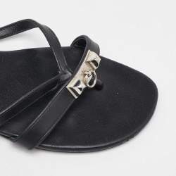 Pre Owned Hermes Black Leather Strappy Flat Slide Sandals Size 37