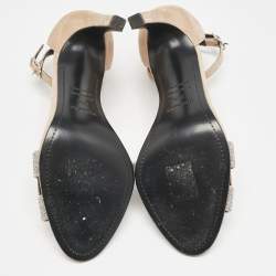 Hermes Beige/Silver Suede and Glitter Premiere Ankle Strap Sandals Size 38.5
