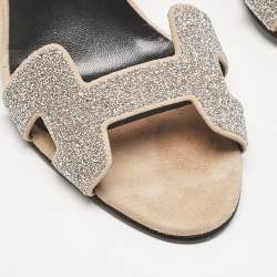 Hermes Beige/Silver Suede and Glitter Premiere Ankle Strap Sandals Size 38.5