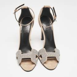 Hermes Beige/Silver Suede and Glitter Premiere Ankle Strap Sandals Size 38.5