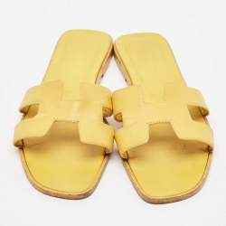 Hermes Yellow Leather Oran Flat Slides Size 38.5