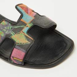 Hermes Multicolor Modernisme Tropical Print Canvas Oran Flat Slide Sandals Size 38.5