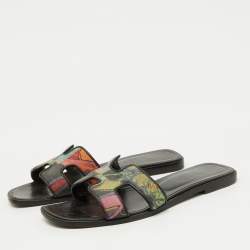 Hermes Multicolor Modernisme Tropical Print Canvas Oran Flat Slide Sandals Size 38.5