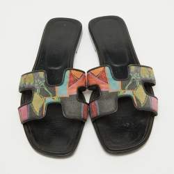 Hermes Multicolor Modernisme Tropical Print Canvas Oran Flat Slide Sandals Size 38.5