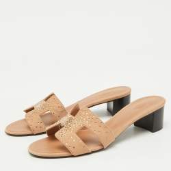 Hermes Beige Suede Crystal Embellished Oasis Slide Sandals Size 39.5