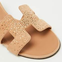 Hermes Beige Suede Crystal Embellished Oasis Slide Sandals Size 39.5