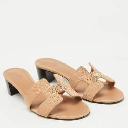 Hermes Beige Suede Crystal Embellished Oasis Slide Sandals Size 39.5