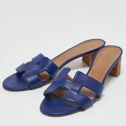 Hermes Blue Leather Oasis Sandals Size 39