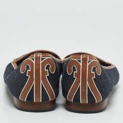 Hermes Navy Blue/Brown Denim and Leather Ballet Flats Size 38