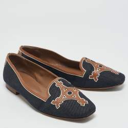 Hermes Navy Blue/Brown Denim and Leather Ballet Flats Size 38