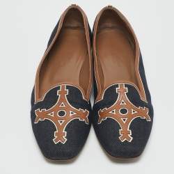 Hermes Navy Blue/Brown Denim and Leather Ballet Flats Size 38