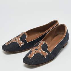 Hermes Navy Blue/Brown Denim and Leather Ballet Flats Size 38