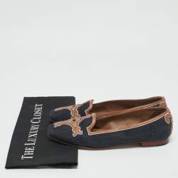 Hermes Navy Blue/Brown Denim and Leather Ballet Flats Size 38