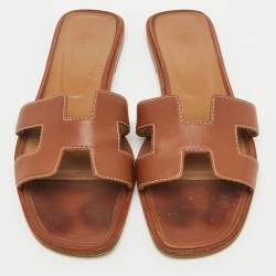 Pre Owned Hermes Brown Leather Oran Flat Slide Sandals Size 38.5