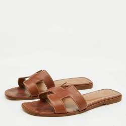 Pre Owned Hermes Brown Leather Oran Flat Slide Sandals Size 38.5