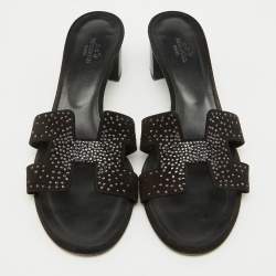 Pre Owned Hermes Black Suede Crystal Embellished Oasis Slide Sandals Size 39.5