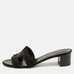 Pre Owned Hermes Black Suede Crystal Embellished Oasis Slide Sandals Size 39.5