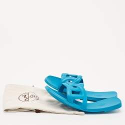 Hermes Blue Rubber Aloha Flat Slides Size 40