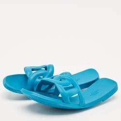 Hermes Blue Rubber Aloha Flat Slides Size 40