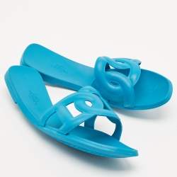 Hermes Blue Rubber Aloha Flat Slides Size 40