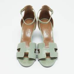 Pre Owned Hermes Green Lizard Leather Legend Wedge Ankle Strap Sandals Size 37