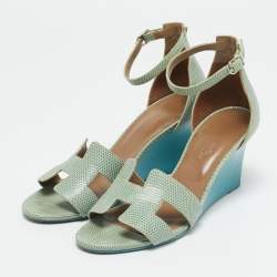 Pre Owned Hermes Green Lizard Leather Legend Wedge Ankle Strap Sandals Size 37