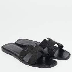 مملوكة مسبقًا Hermes Black Glitter Oran Flat Sandals Size 36.5