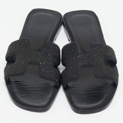 مملوكة مسبقًا Hermes Black Glitter Oran Flat Sandals Size 36.5