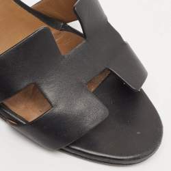 Hermes Black Leather Legend Ankle Strap Wedge Sandals Size 39.5