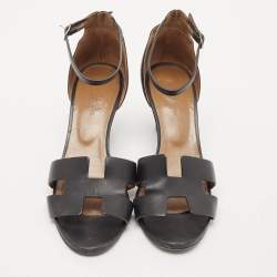 Hermes Black Leather Legend Ankle Strap Wedge Sandals Size 39.5