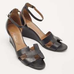 Hermes Black Leather Legend Ankle Strap Wedge Sandals Size 39.5
