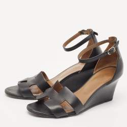 Hermes Black Leather Legend Ankle Strap Wedge Sandals Size 39.5
