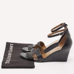 Hermes Black Leather Legend Ankle Strap Wedge Sandals Size 39.5