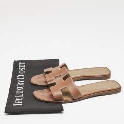 Pre Owned Hermès Brown Leather Oran Flat Slides Size 37