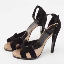 Hermès Black/Gold Metallic Suede Premiere 70 Sandals Size 37