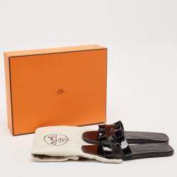 Hermes Black Patent Leather Oran Flat Slides Size 37