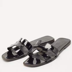 Hermes Black Patent Leather Oran Flat Slides Size 37